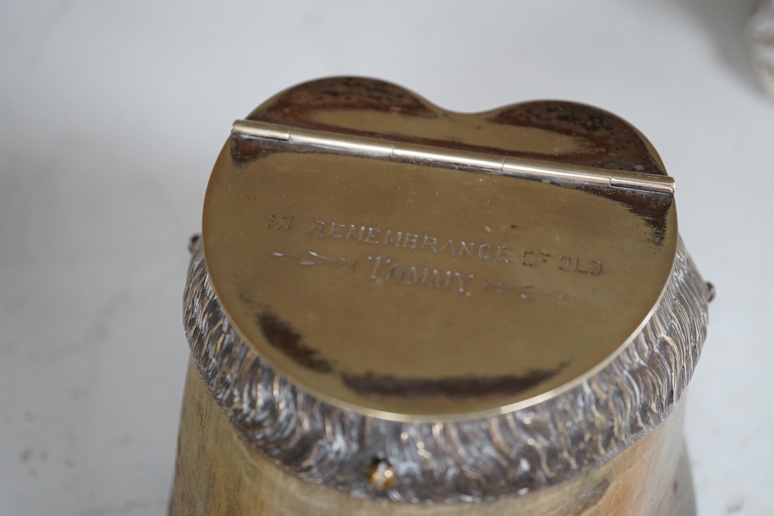 A Victorian electroplate mounted memorial horse hoof inkwell, 11cm high and a white metal mounted riding crop